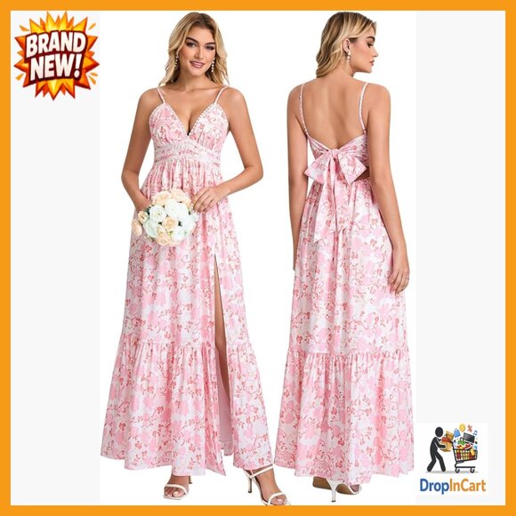 Floral Maxi Dress Boho Lace V-Neck Adjustable Straps Flowy Beach Wedding Guest